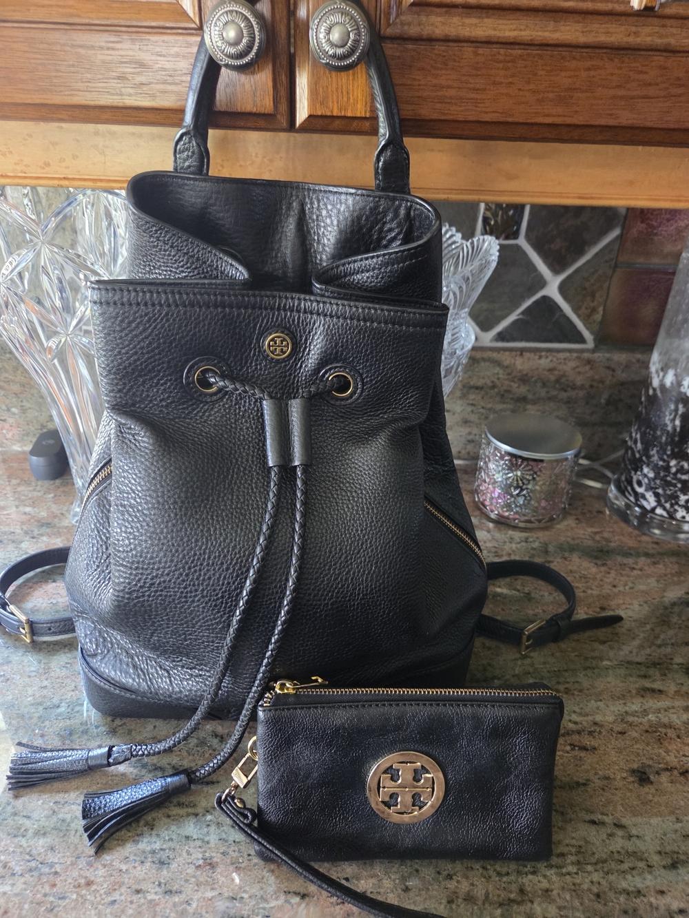 Tory Burch Black Pebbled Leather Drawstring Backpack with Wristlet